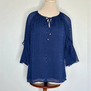 Jade Chiffon Swiss Dot Split Neck Tie Flutter Sleeves Navy Blouse Size Small
